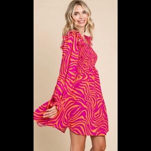 NWT Jodifl Animal Print Babydoll Boho Dress in Vibrant Purple Orange Color